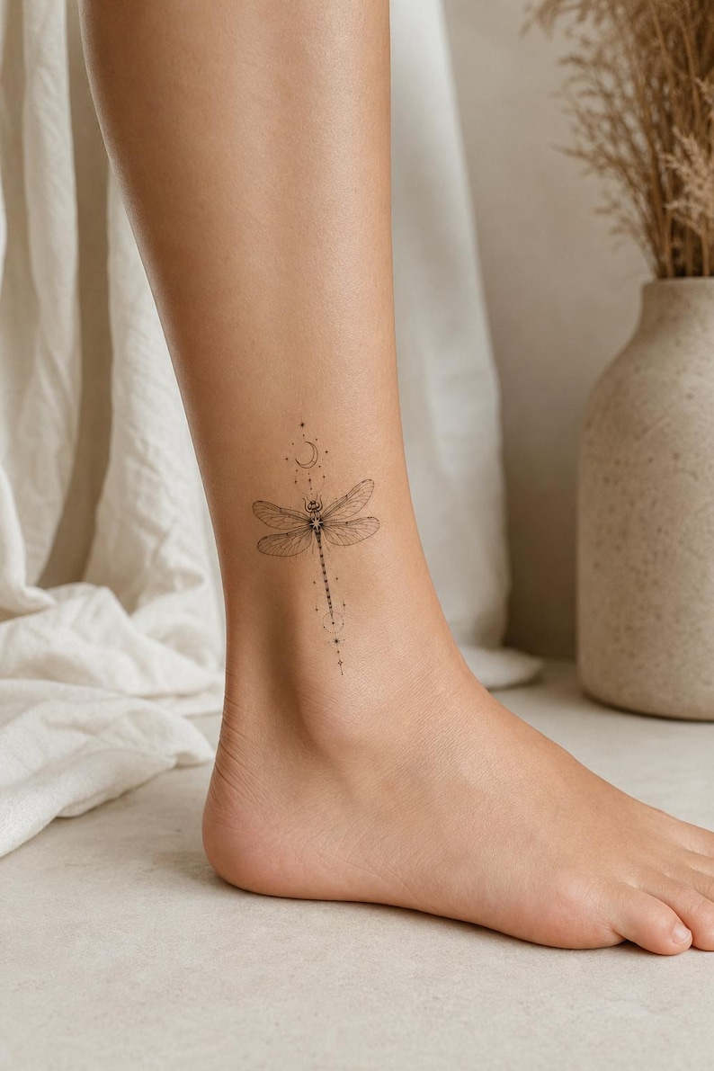 Celestial Dragonfly Fine Line Temporary Tattoo - Image 2