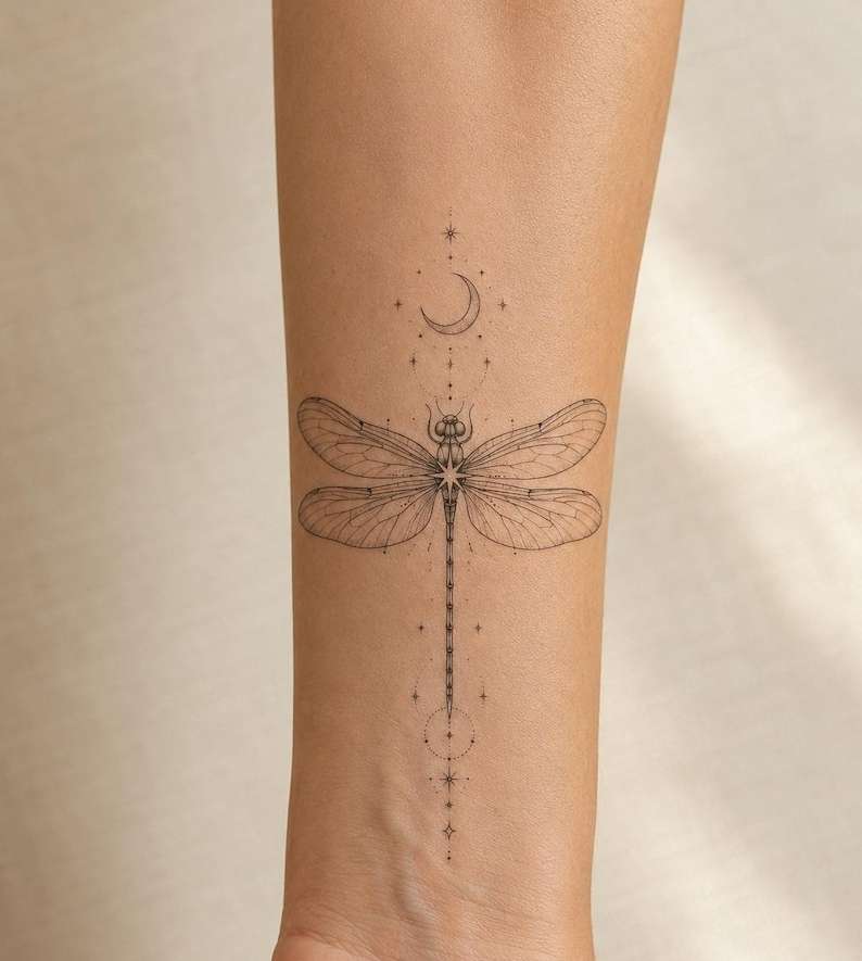 Celestial Dragonfly Fine Line Temporary Tattoo