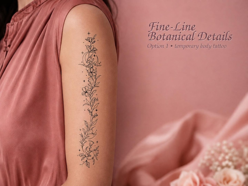Botanical Floral Blackwork Temporary Tattoo - 10 Pack - Image 4