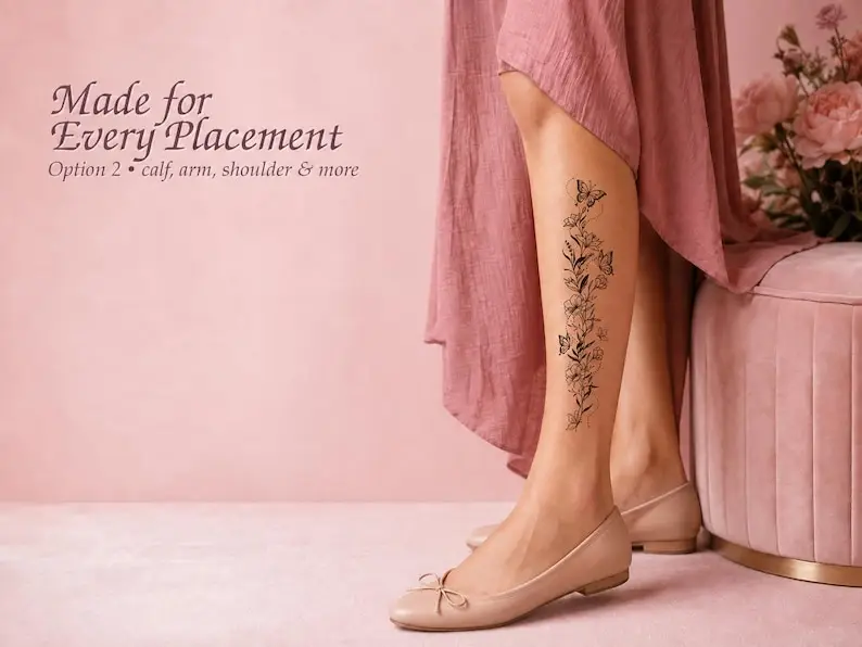 Botanical Floral Blackwork Temporary Tattoo - 10 Pack - Image 2
